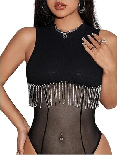 Kvinnors frans rhinestone mesh ren bodysuit ärmlös festtank