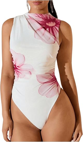 Kvinnors slipsfärgade mesh bodysuits håliga nacke ruched